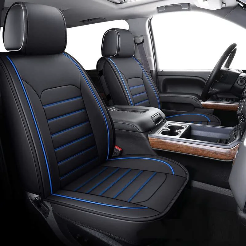 Luxury Seat Covers Full Set Universal Leatherette Black Eco Leather with Blue Stitching - Image 2