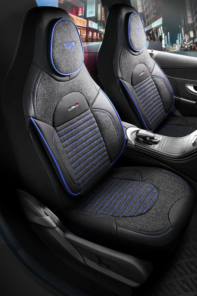 PANDA ENZO Luxury Seat Covers Set - Eco Leather and Fabric Dark Grey/Blue for Front and Rear Seats - Image 2